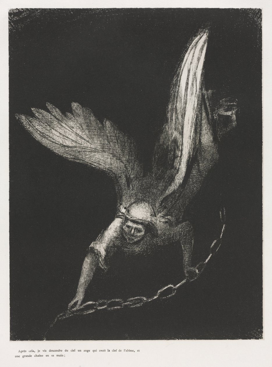 Og jeg så en engel komme ned fra himlen med nøglen til det bundløse hul og en stor lænke i sin hånd af Odilon Redon