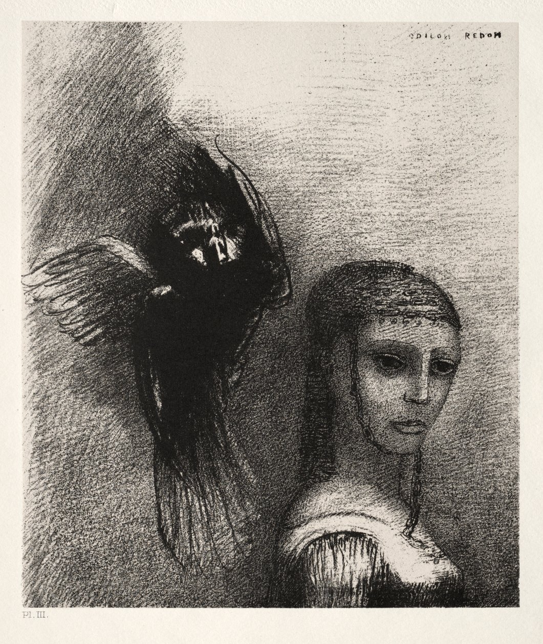 Og en stor fugl, der stiger ned fra himlen, kaster sig mod det øverste punkt i hendes hår af Odilon Redon