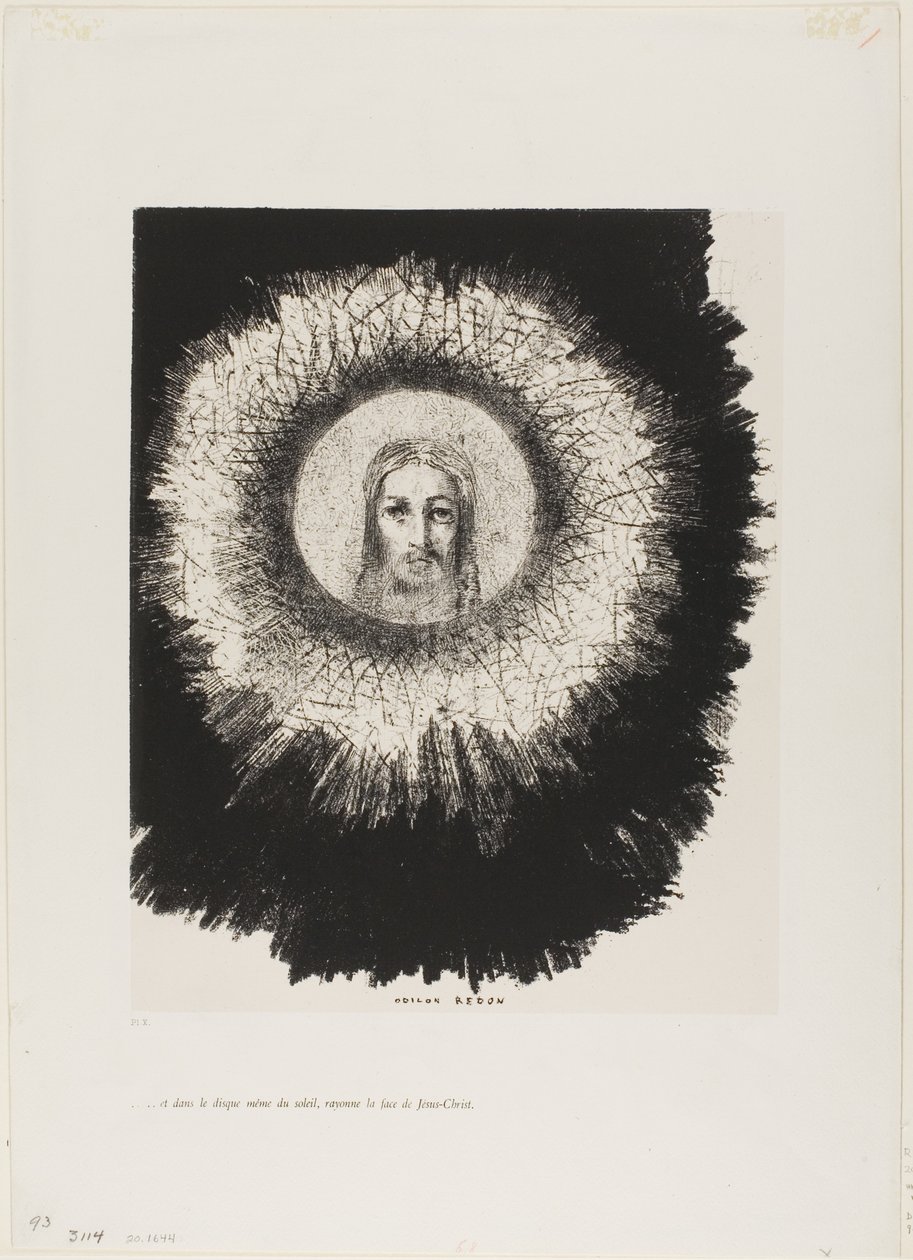 Og i Very Disk of the Sun Lights the Face of Jesus Christ, plade 10 fra The Temptation of Saint Anthony (1. serie) af Odilon Redon