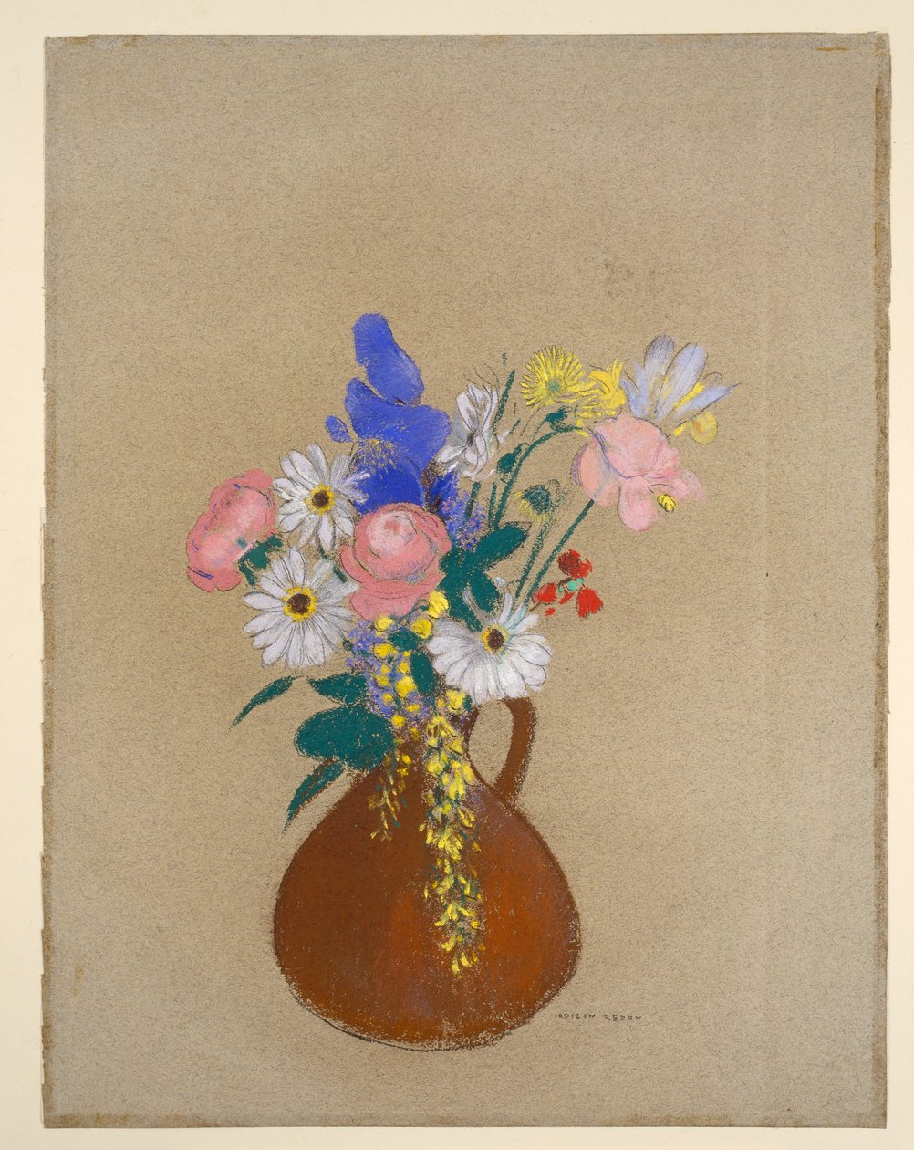 Blomsterbuket i en brun lerkrukke af Odilon Redon