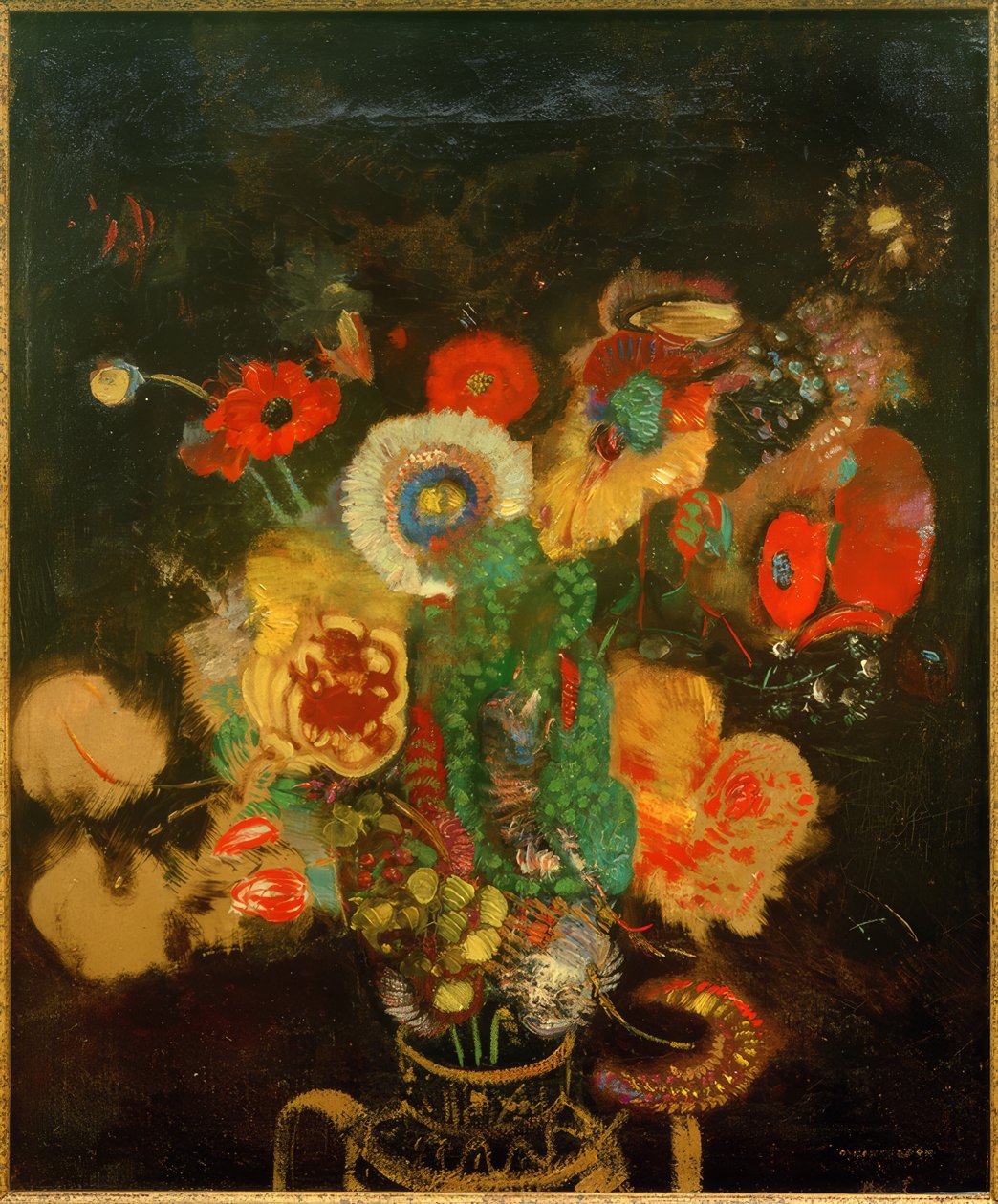 Buket blomster mod en sort baggrund af Odilon Redon