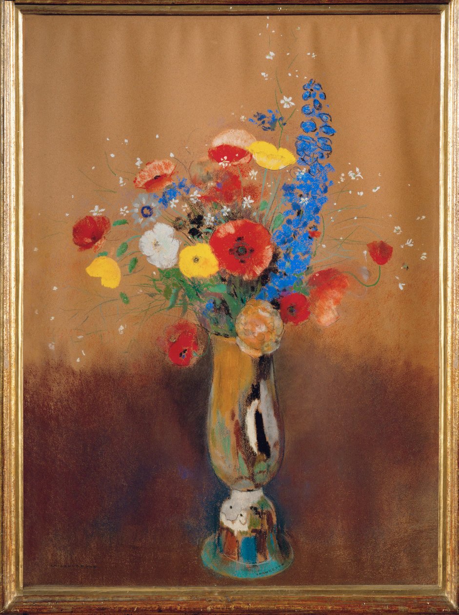 Buket af vilde blomster i en langhalset vase (gouache) af Odilon Redon