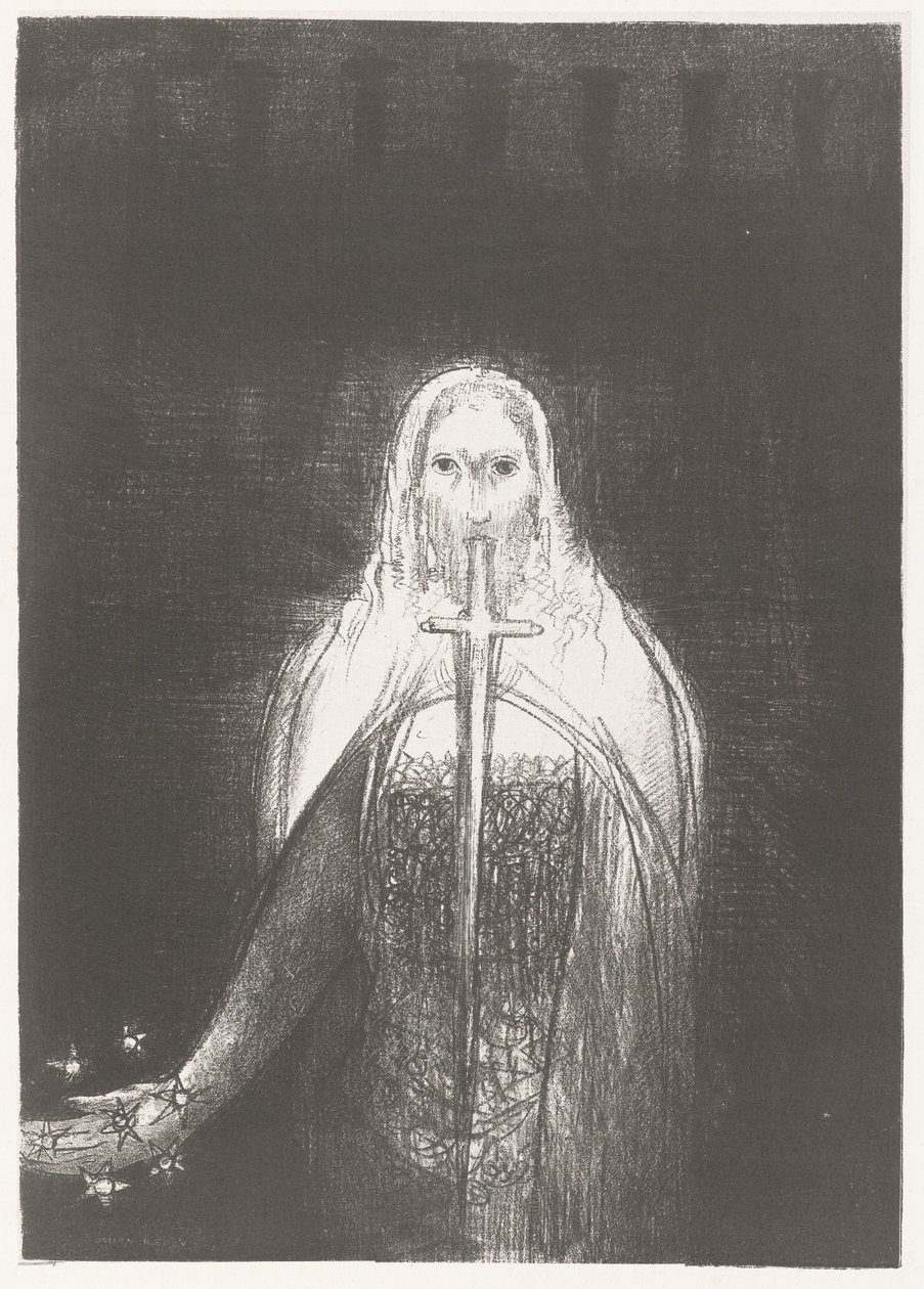 Christus lægger stjerner i hånden Og han havde syv stjerner i sin højre hånd, og ud af hans mund gik et skarpt tveægget sværd Apocalypse of Saint John (serietitel) Openbaring van Johannes (serietitel) af Odilon Redon