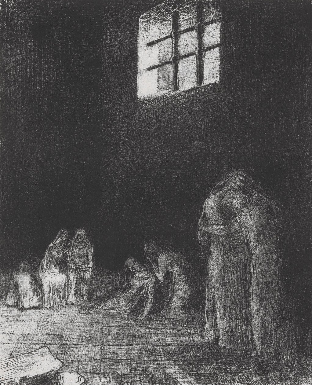 I skyggen græder og beder folk... af Odilon Redon