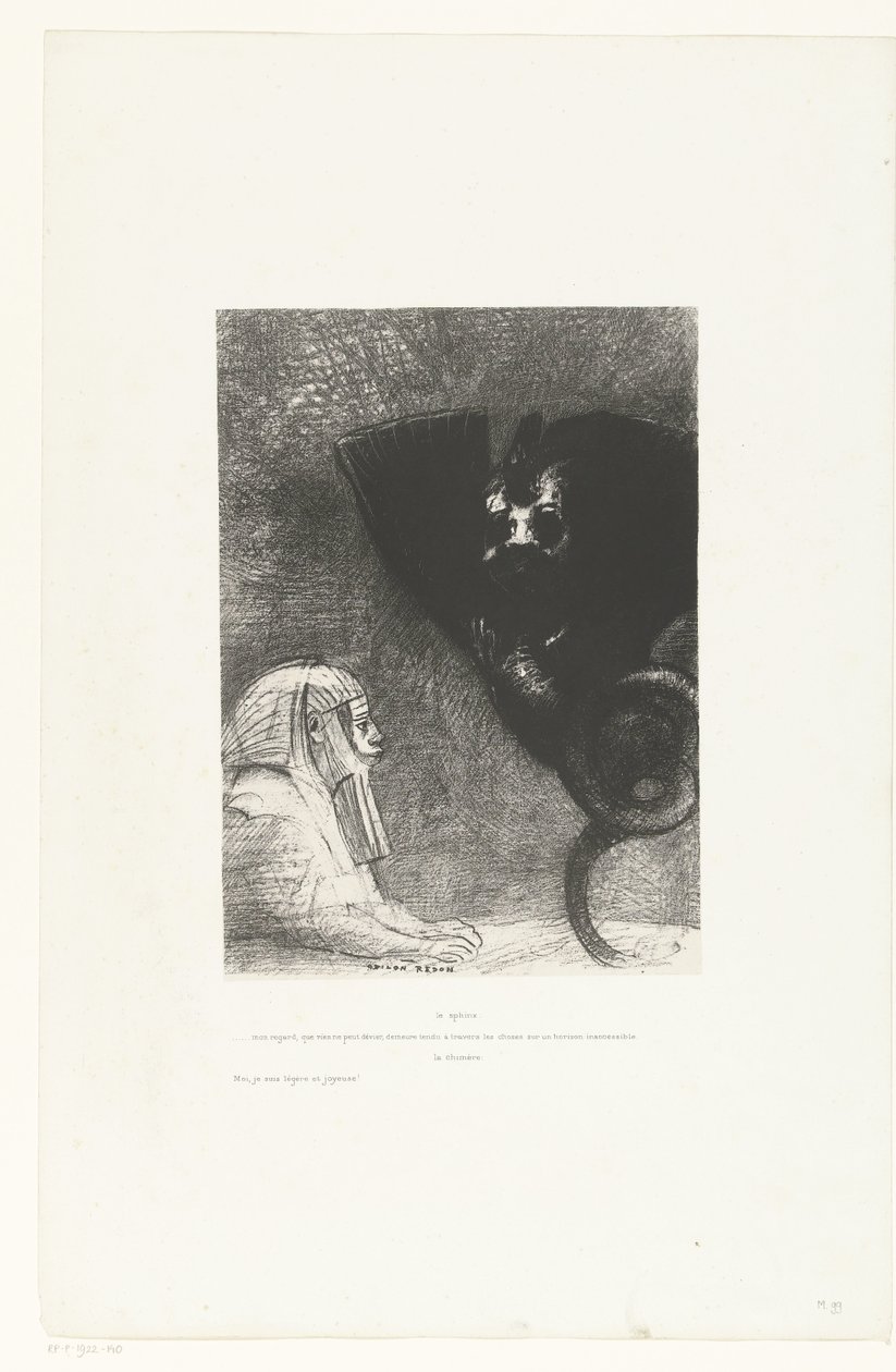 Fra sfinx til de chimaera Sfinksen: ... mit blik, som intet kan afvige, forbliver spændt gennem tingene i en utilgængelig horisont, Kimæren: Mig, jeg er let og glad! Temptation of Saint Anthony (2) (serietitel) Søgning van de heilig af Odilon Redon