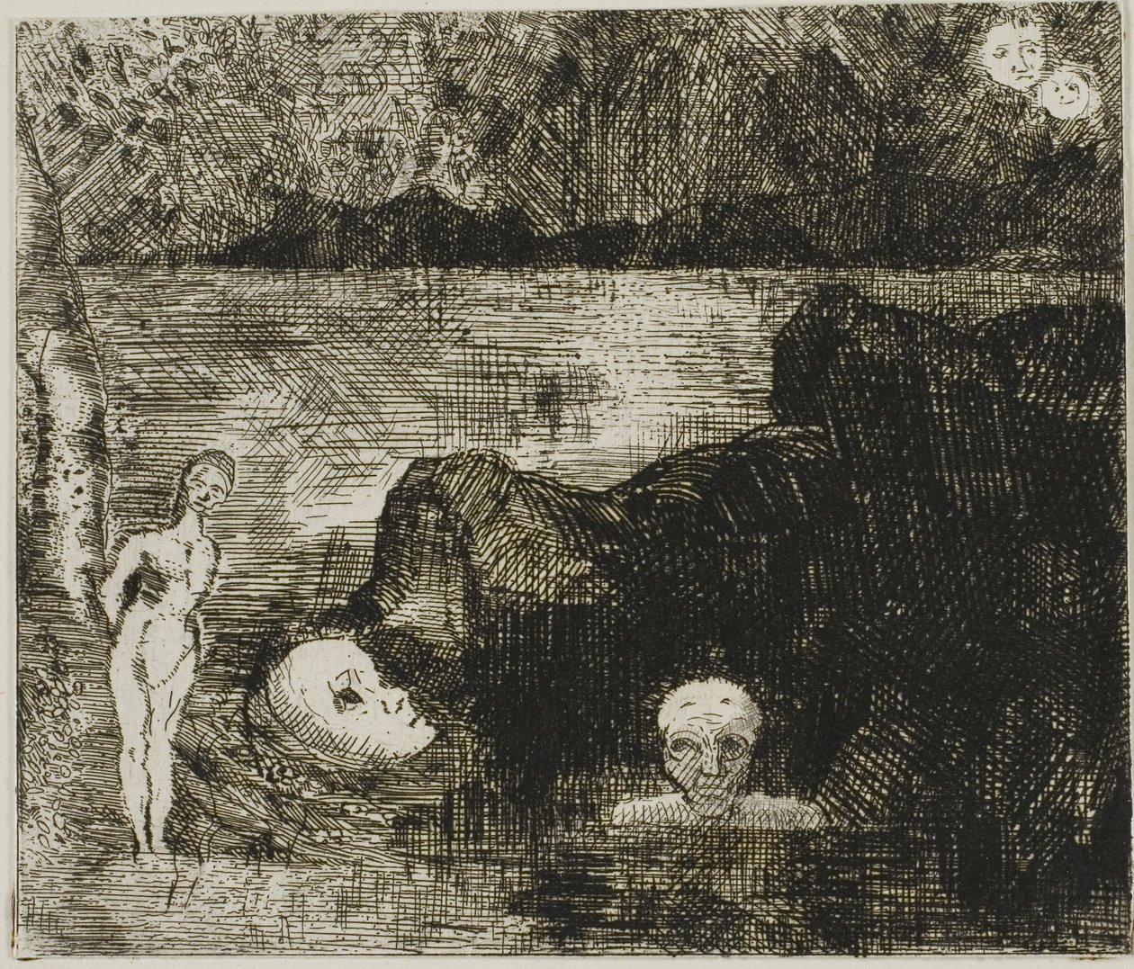Dream Vision, ca. 1880 (ætsning og tørnål på elfenbensvævet papir) af Odilon Redon
