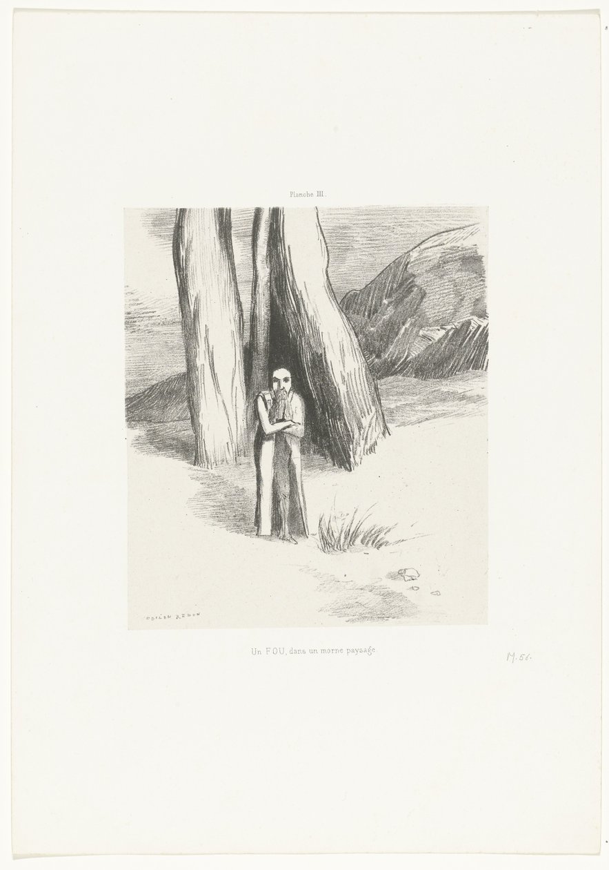 En galning i et dystert landskab Un FOU, dans un morne paysage (titel på objekt) af Odilon Redon