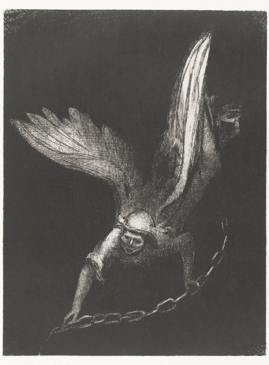 Engel met een ketting in zijn handen Derefter så jeg en engel komme ned fra himlen, som havde nøglen til afgrunden og en stor lænke i sin hånd (titel på objektet) Apocalypse of Saint John (serietitel) Openbaring van Johannes (serietitel) af Odilon Redon