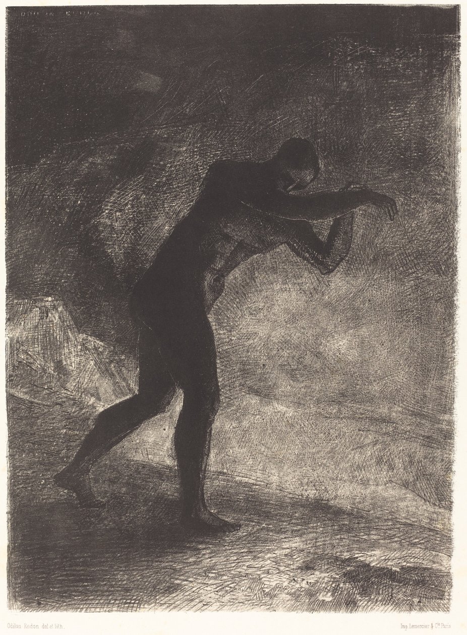 Og mennesket dukkede op; han spurgte jorden, hvorfra han kom ud, og som tiltrækker ham, og han gik mod dyster lysstyrke) af Odilon Redon