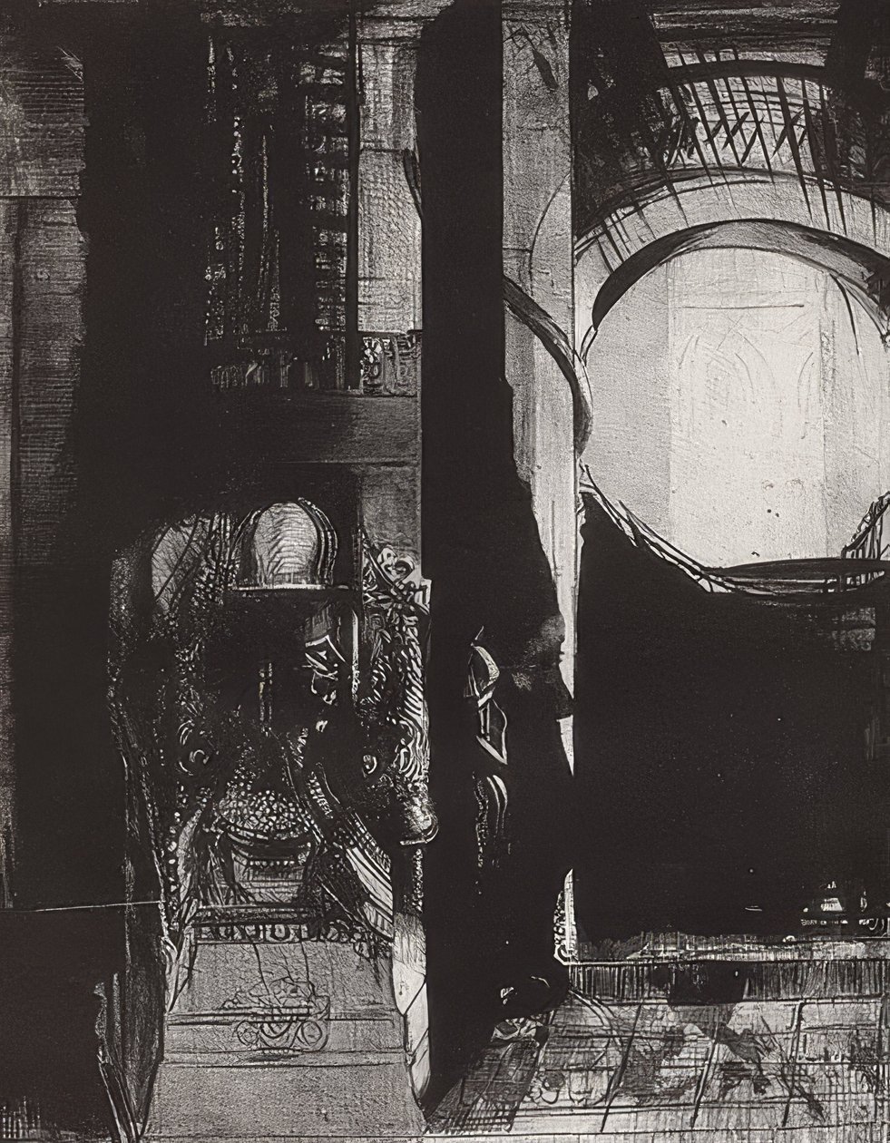 Og overalt er basaltsøjler,? Lyset falder fra hvælvingerne, Blatt 3 der Folge La Tentation de Saint-Antoine. 1896 af Odilon Redon