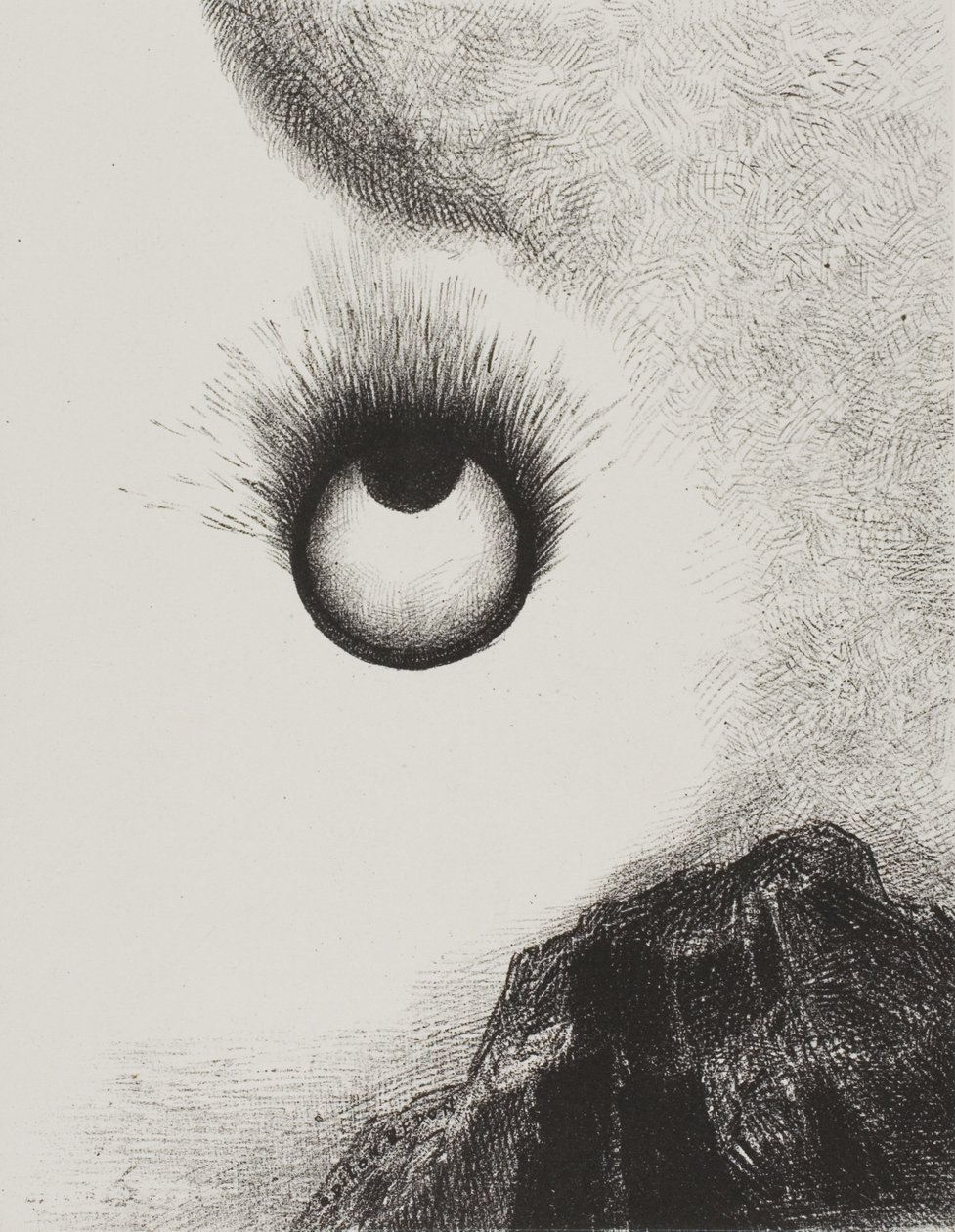 Overalt brænder øjenæblerne, tallerken 9 fra The Temptation of Saint Anthony (1. serie) af Odilon Redon