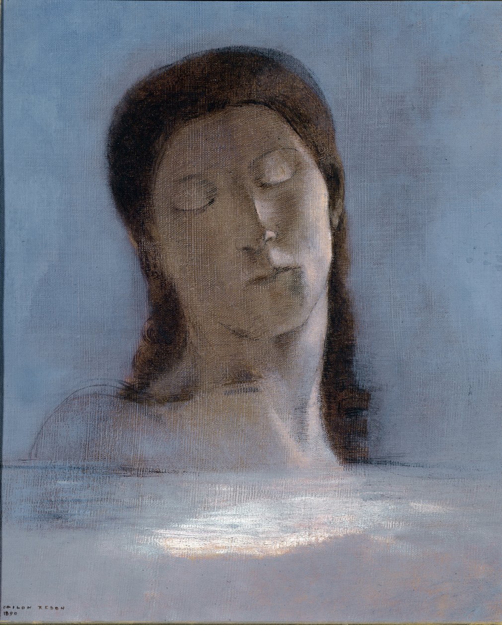 Lukkede øjne - olie på pap af Odilon Redon