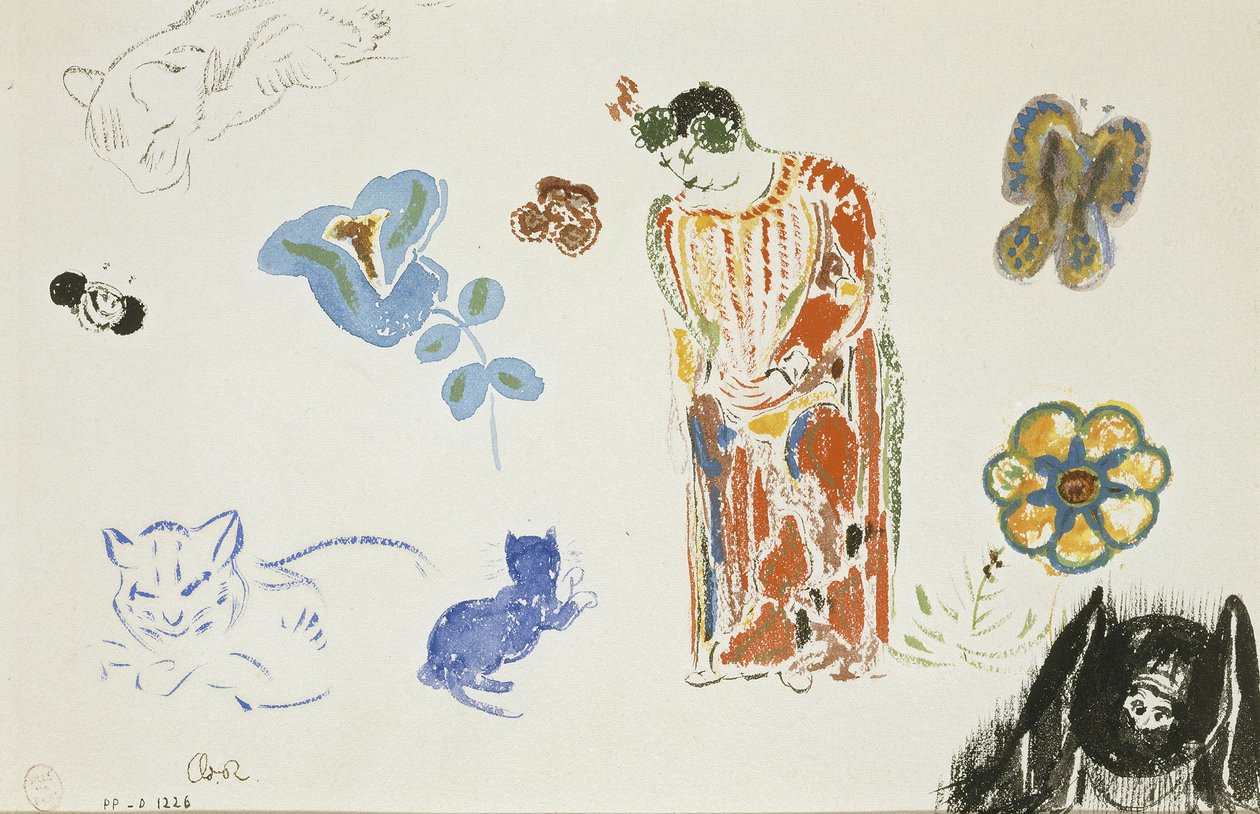 Studieark: kvinde, blomster og dyr af Odilon Redon