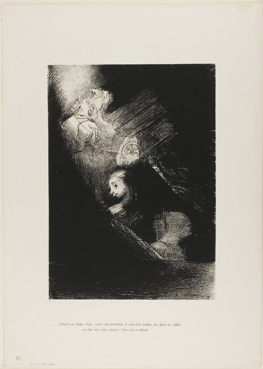 Først en vandpyt, så en prostitueret, hjørnet af et tempel, en soldats ansigt, en stridsvogn med to hvide heste, planche 1 fra The Temptation of Saint Anthony (1. serie) af Odilon Redon