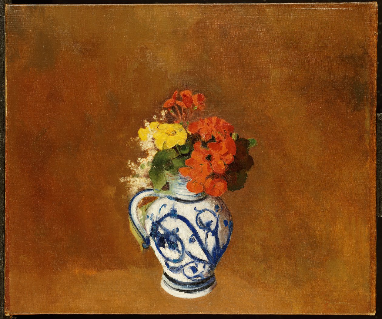 Pelargonier og andre blomster i stentøjsvase af Odilon Redon