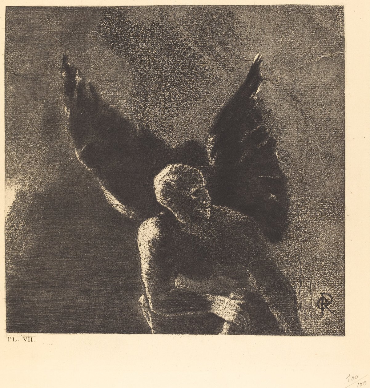 Ære og pris til dig, satan, i himlens højder, hvor du herskede, og i helvedes dyb, hvor besejret, drømmer du i stilhed! (Ære og pris til dig, Satan, i himlens højder, hvor du herskede, og i helvedes dyb, hvor, vanqu af Odilon Redon
