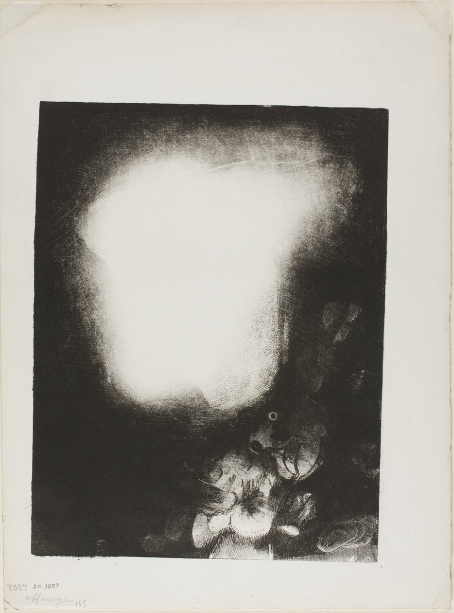 Hoved af kvinde med korsage af blomster af Odilon Redon