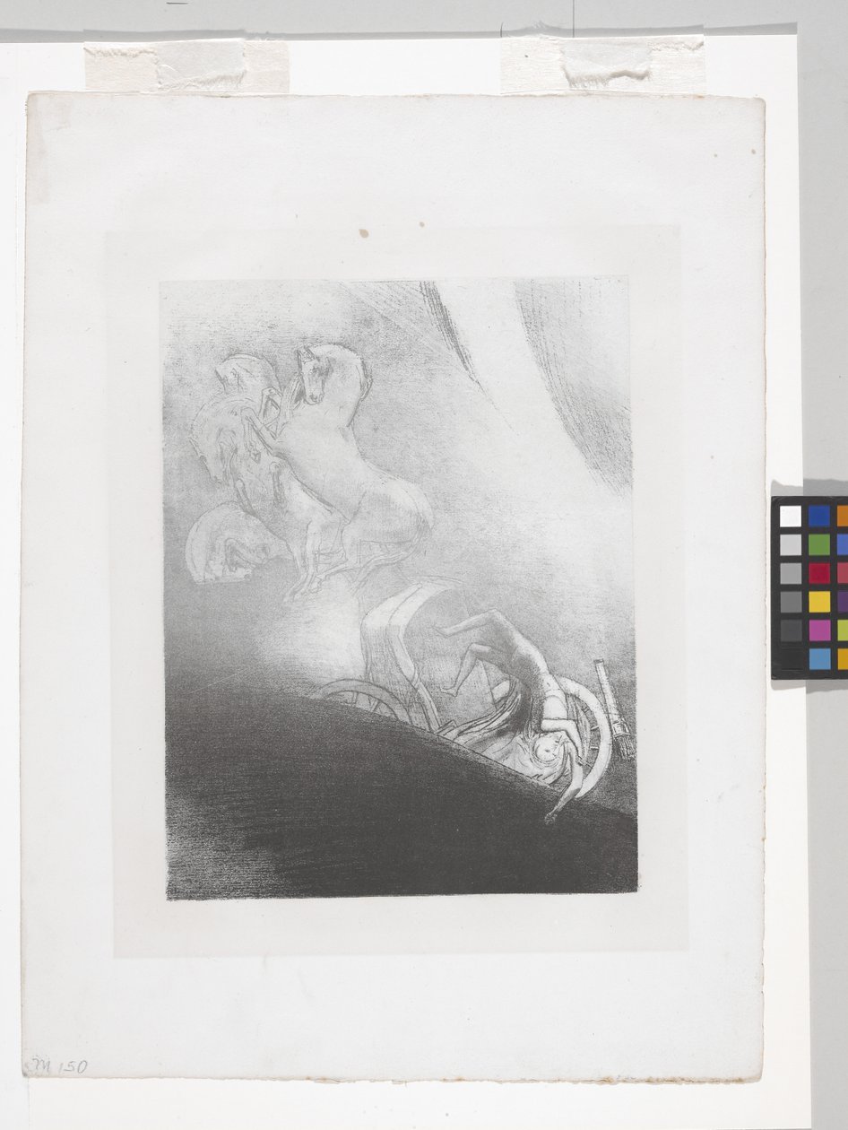 Han falder ind i afgrunden... (litografi på kinesisk applikationspapir) af Odilon Redon