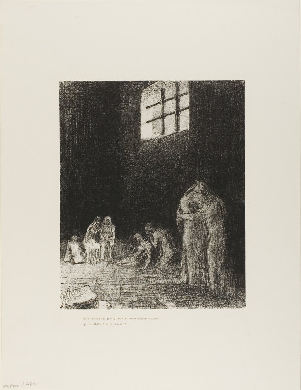 I skyggen er mennesker, der græder og beder, omgivet af andre, der formaner dem, plade 6 af 24 af Odilon Redon
