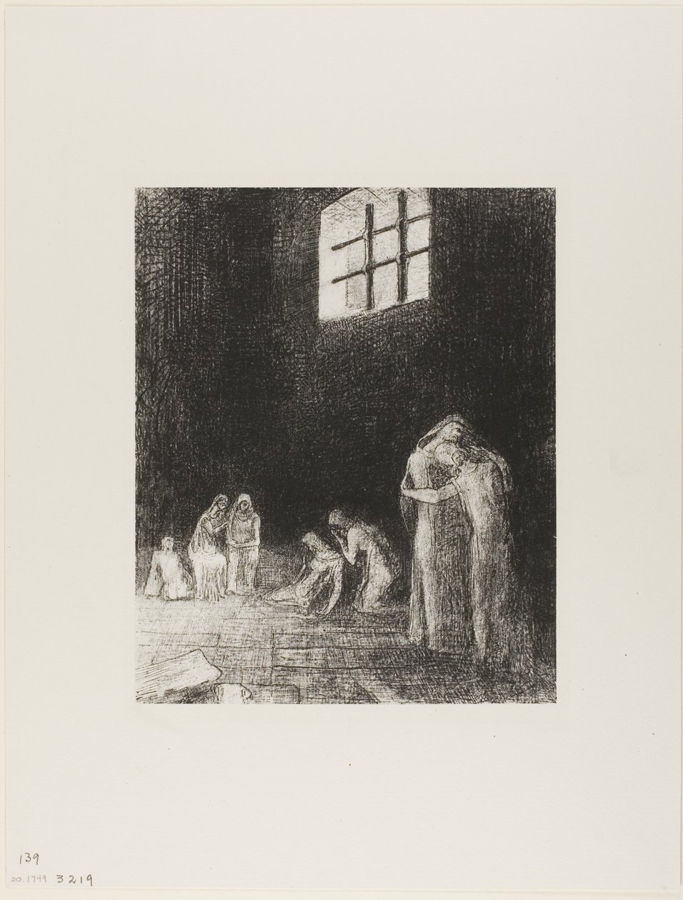 I skyggen er mennesker, der græder og beder, omgivet af andre, der formaner dem, plade 6 af 24 af Odilon Redon