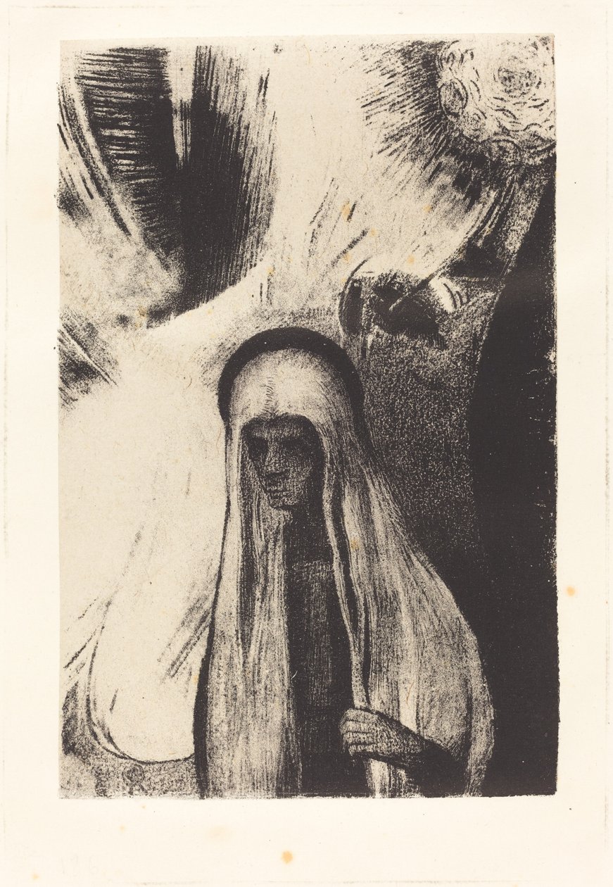 Den gamle kvinde: Hvad er du bange for? Et stort sort hul! Måske er den tom? (Hvad er du bange for? Et bredt sort hul! Det er måske tomt!) af Odilon Redon