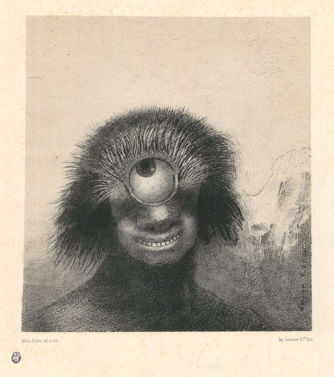 Den misformede polyp flød på kysterne, en slags smilende og hæslige kykloper - Den misformede polyp flød på kysterne, en slags smilende og hæslige kykloper. Fra serien Les Origines af Redon, Odilon (1840-1916). Litografi, størrelse: 21,4x19,9 af Odilon Redon