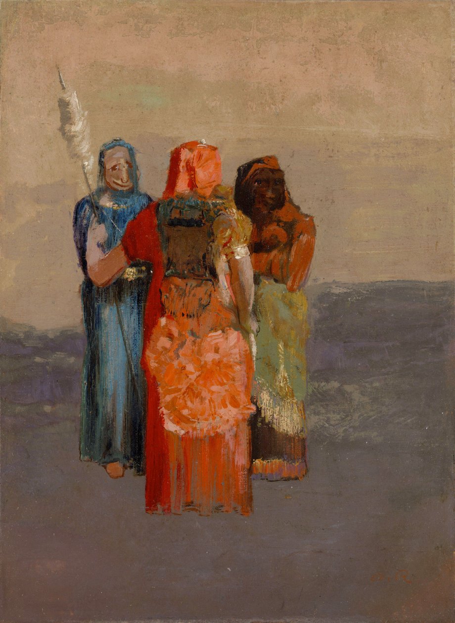 Les Moires (De tre skæbner) (skæbnens tre guddomme fra gammel mytologi eller romernes skæbner) - Maleri af Odilon Redon (1840-1916), olie på lærred (32,4 x 23,8 cm) af Odilon Redon