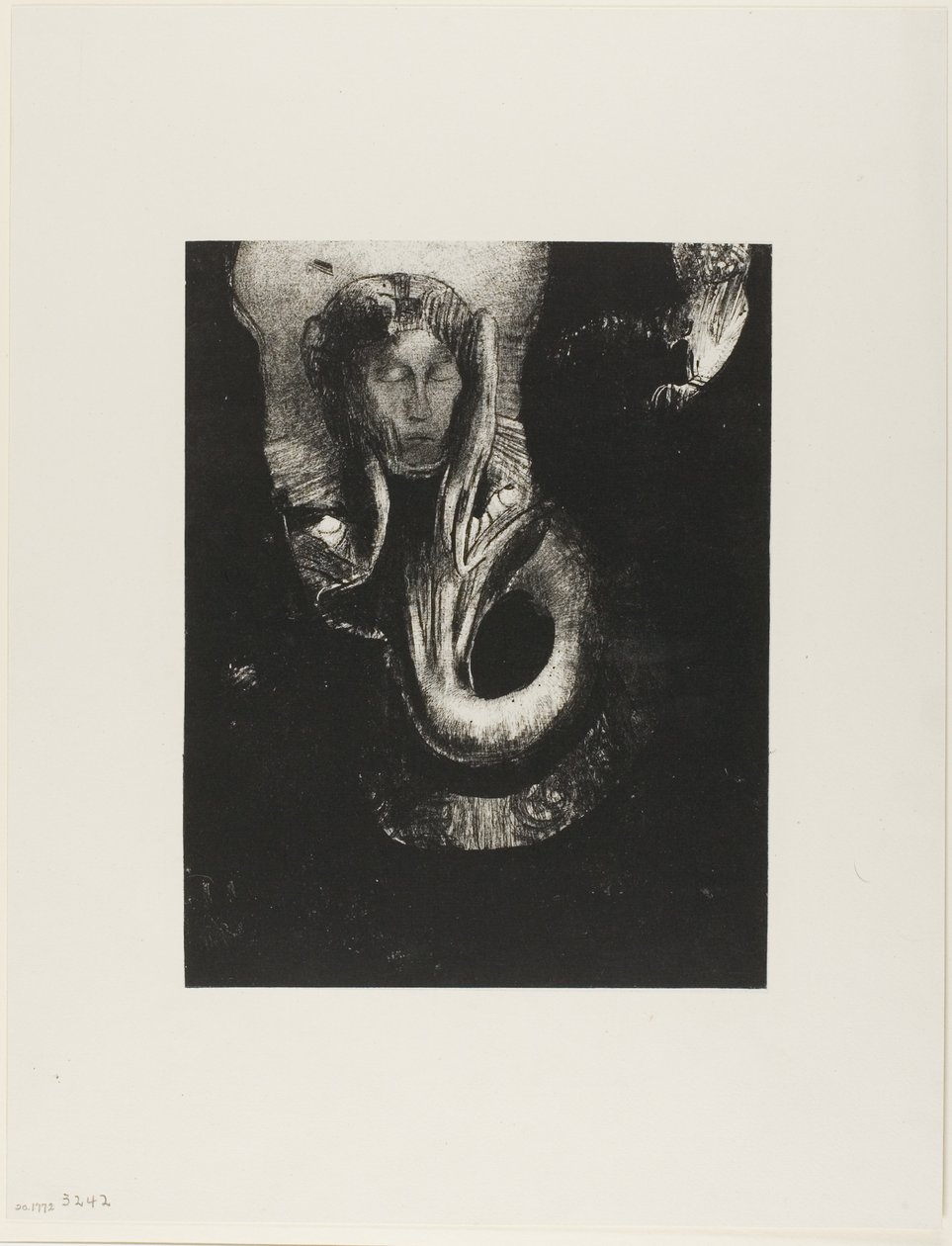 Oannes: "Jeg, den første bevidsthed i kaos, rejste mig fra afgrunden for at hærde stof, for at bestemme former," plade 14 fra The Temptation of Saint Anthony (3. serie) af Odilon Redon
