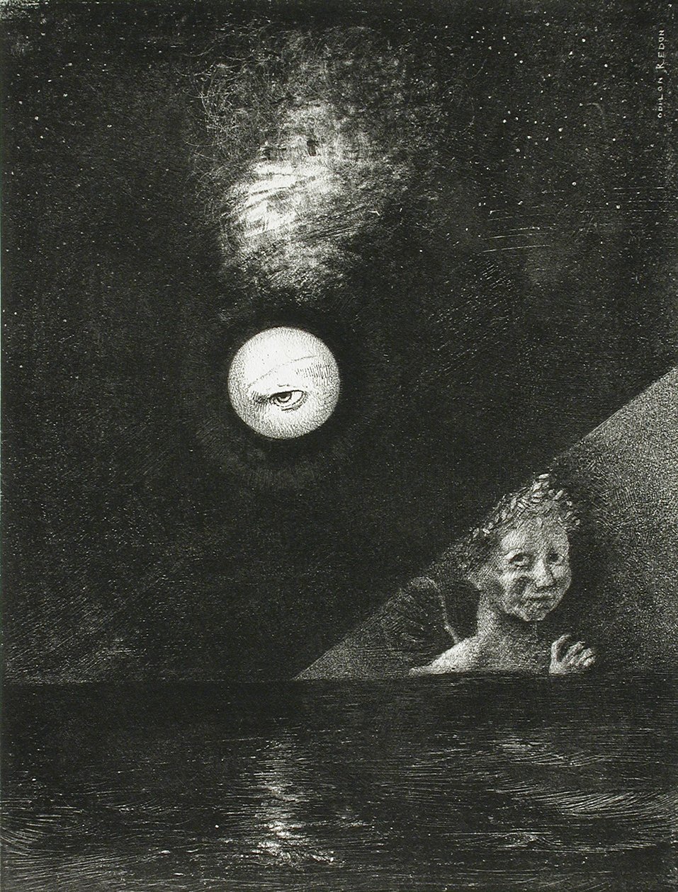 På horisonten, vishedens engel, og på den mørke himmel, et spørgende blik. Serie: For Edgar af Odilon Redon