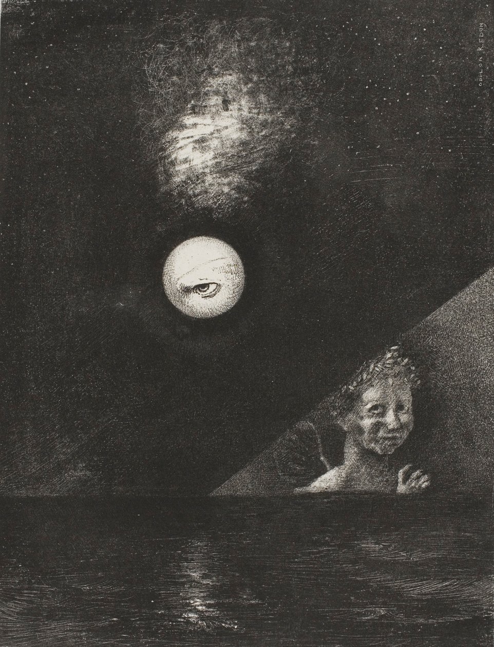 I horisonten vishedens engel og i den dystre himmel et spørgende øje, planche fire fra To Edgar Poe af Odilon Redon