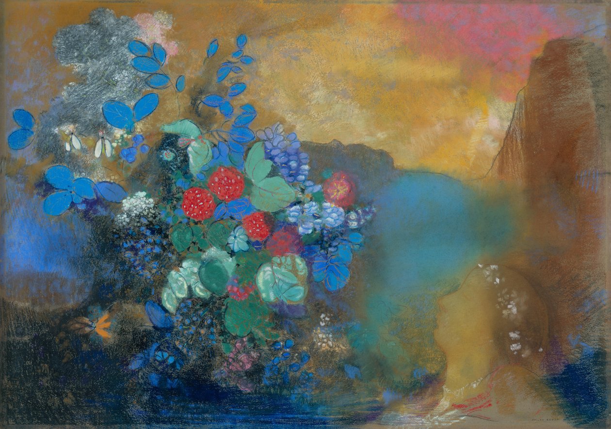 Ophelia blandt blomsterne, ca. 1905-8 (pastel på papir) af Odilon Redon