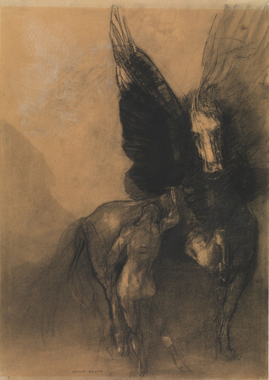 Pegasus og Bellerophon, ca. 1888 (kul, vandvask, hvidt kridt og conté farveblyant på buff pap bleuté) af Odilon Redon