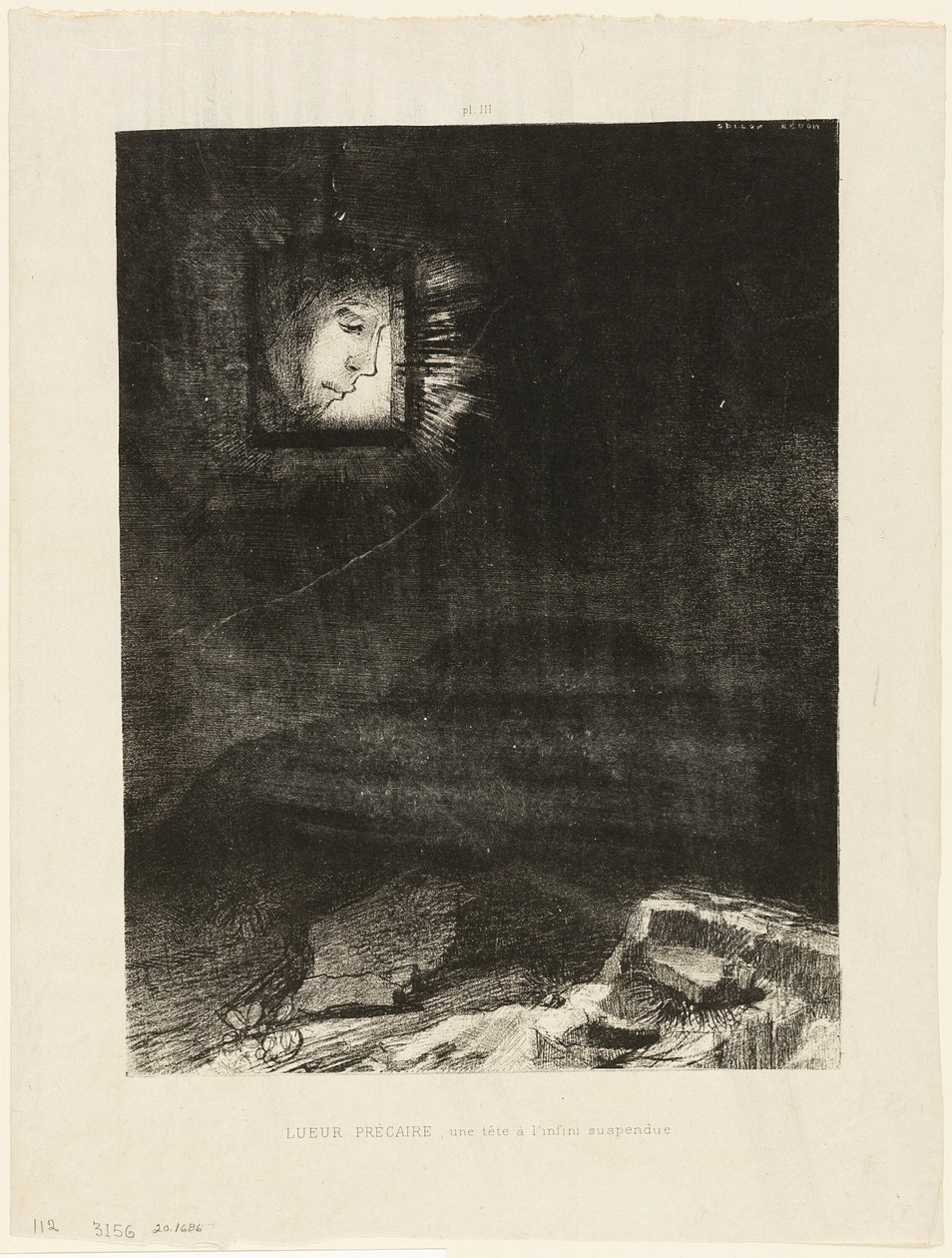 Precarious Glimmering, a Head Suspended from Infinity, plade 3 af 6 af Odilon Redon