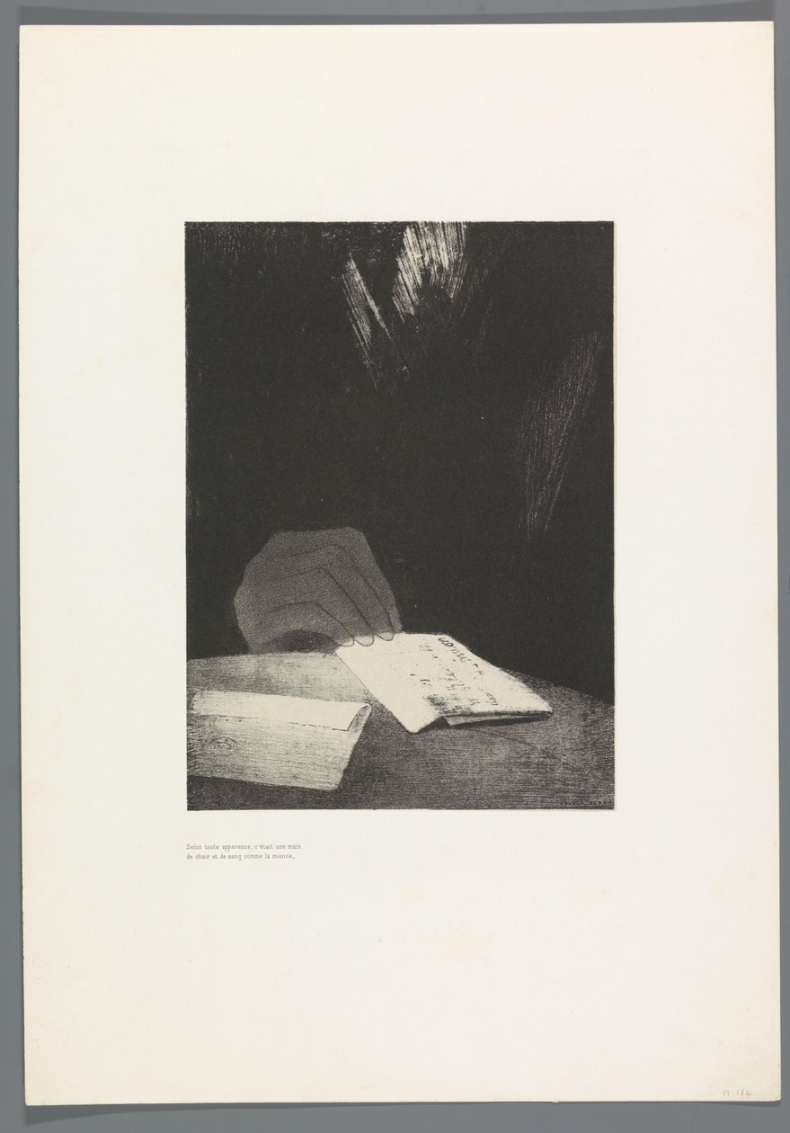 Tilsyneladende var det en hånd af kød og blod som min Det Høje Hus, 6 lithos omslag titelblad Het Spookhuis, The Haunted House, illustrationer ved tekst af Bulwer-Lytton, i den franske oversættelse af René Philipon, (serietitel) af Odilon Redon