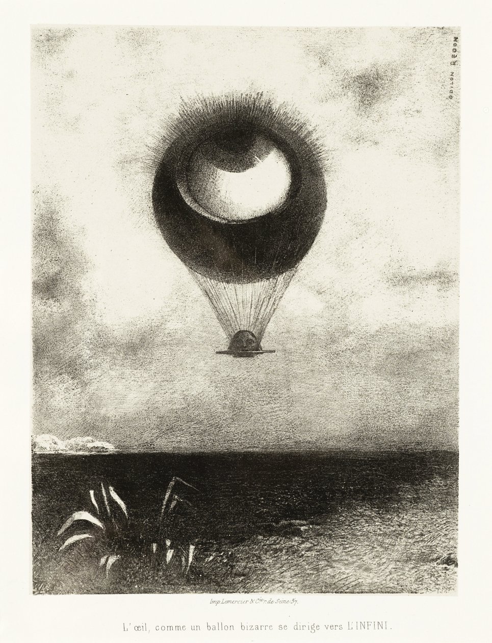 Illustrationsserie til Edgar Poe: "The Eye, Like a Strange Balloon, Mounts toward Infinity" Litografi af Odilon Redon (1840-1916) af Odilon Redon