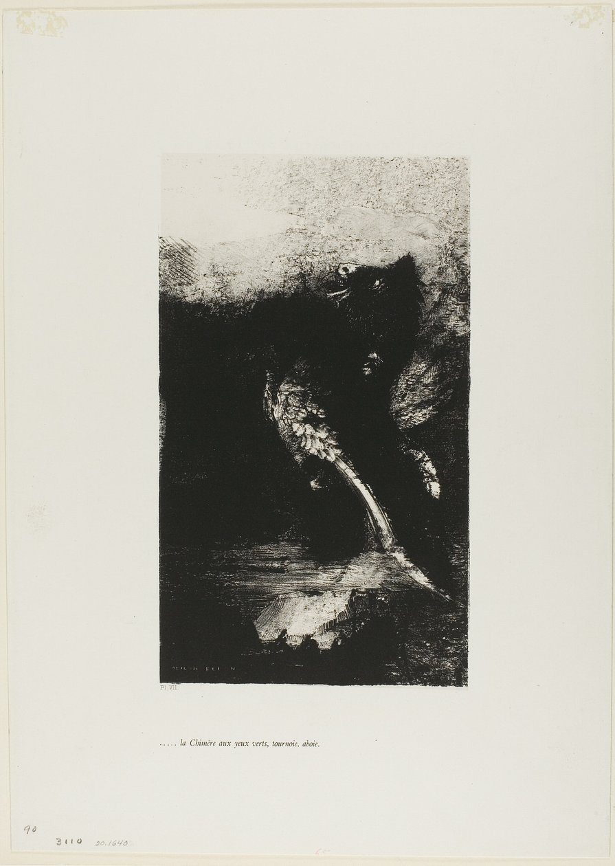 The Chimera with Green eyes Turns, Bays, tallerken 7 fra The Temptation of Saint Anthony (1. serie) af Odilon Redon