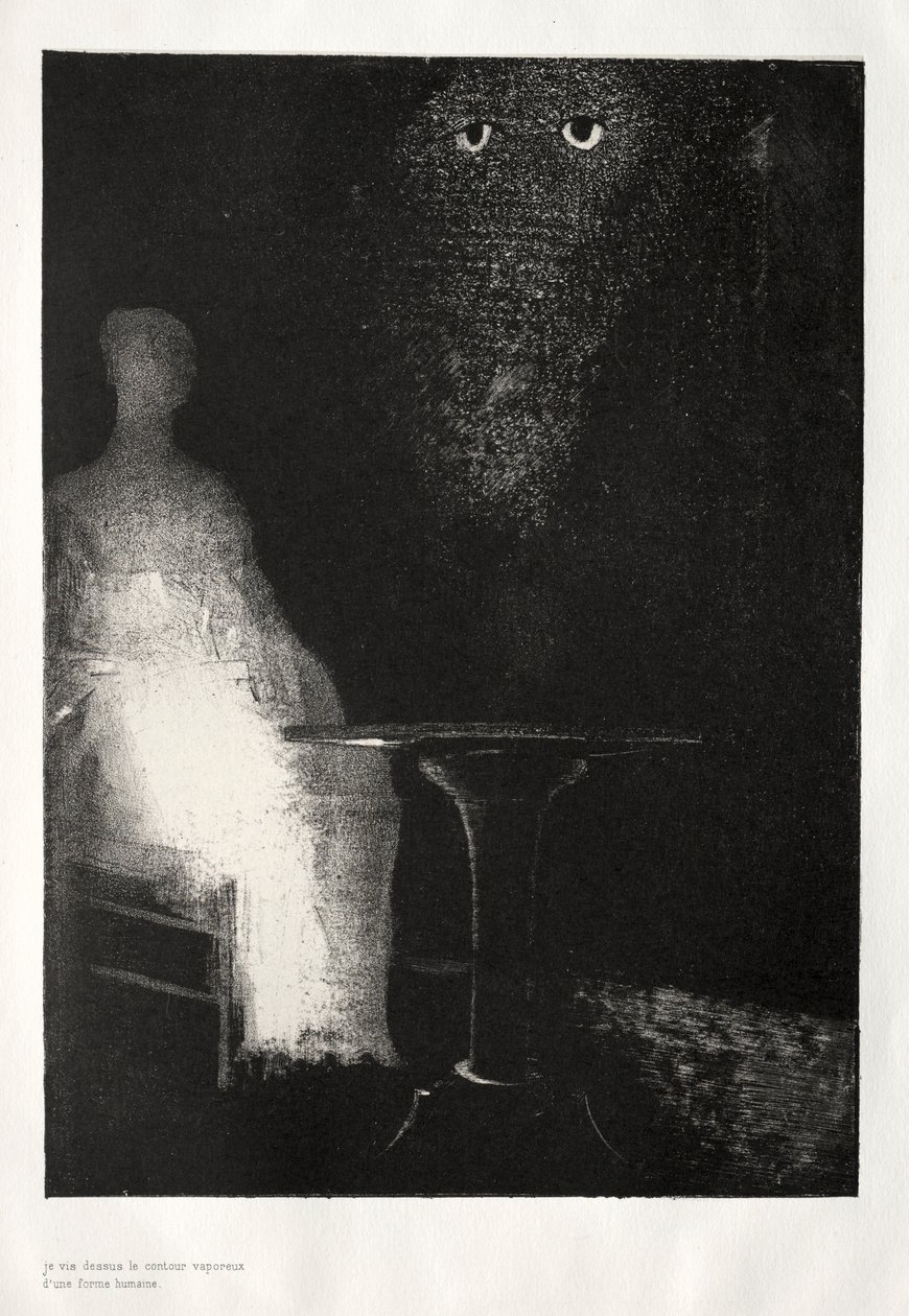 Det hjemsøgte hus: Jeg fortsatte med at stirre på stolen, og syntes jeg så en lyseblå..., 1896. af Odilon Redon