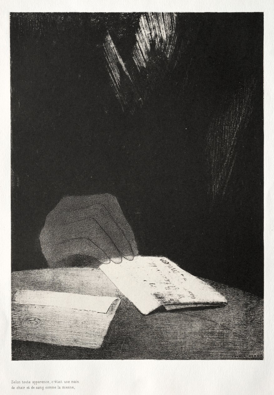 Det hjemsøgte hus: Det var en hånd, tilsyneladende lige så meget af kød og blod som mit eget, 1896. af Odilon Redon