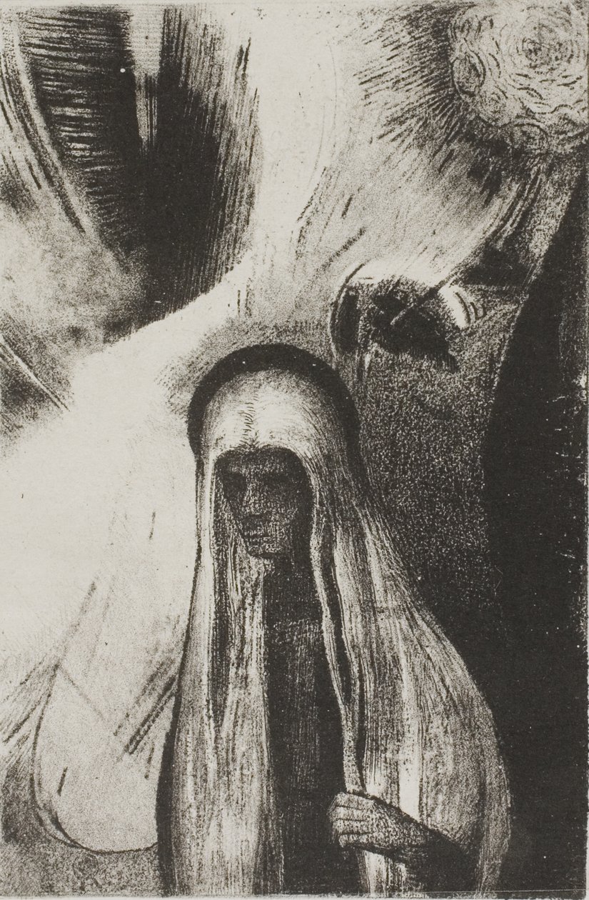 Den gamle kvinde: Hvad er du bange for? Et bredt sort hul! Det er måske tomt?", plade 19 af 24 af Odilon Redon