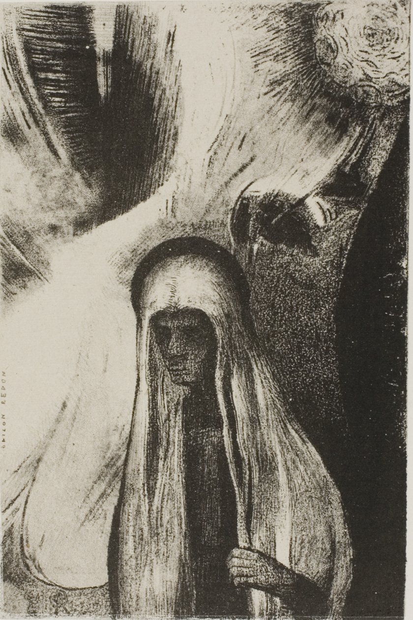 Den gamle kvinde: "Hvad er du bange for? Et bredt sort hul! Det er måske tomt?", plade 19 af 24 af Odilon Redon