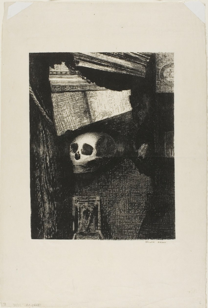 Gennem en åbning i væggen dukkede et kranium op, planche 1 fra Edmond Picards Le Jure af Odilon Redon