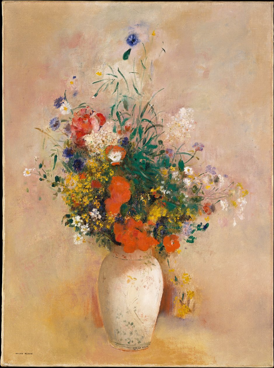 Blomstervase (lyserød baggrund) af Odilon Redon