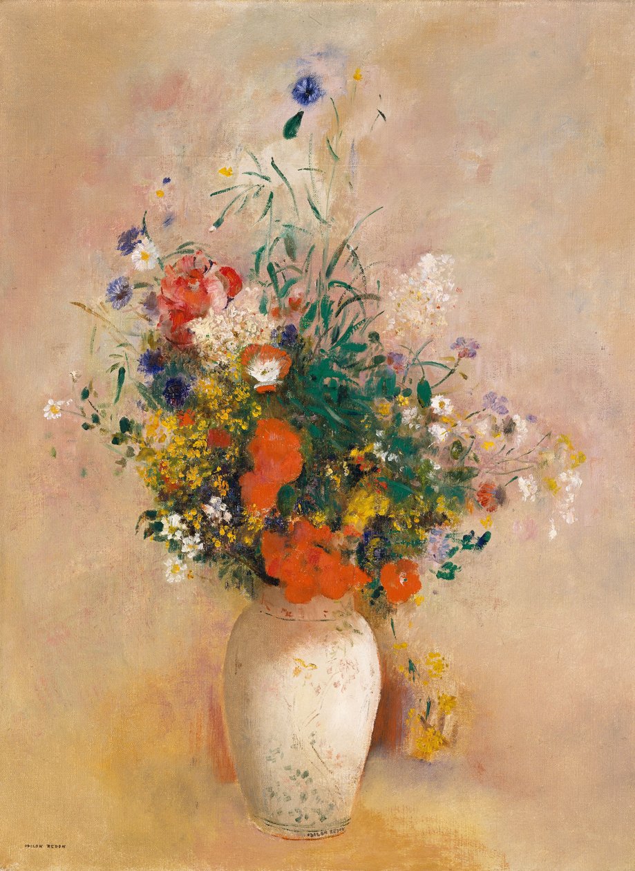 Vase med blomster (lyserød baggrund), ca. 1906 (olie på lærred) af Odilon Redon