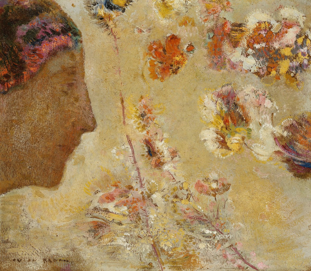 Kvinde i profil med sommerfugl og blomster; Kvinde i profil med sommerfugl og blomster, af Odilon Redon