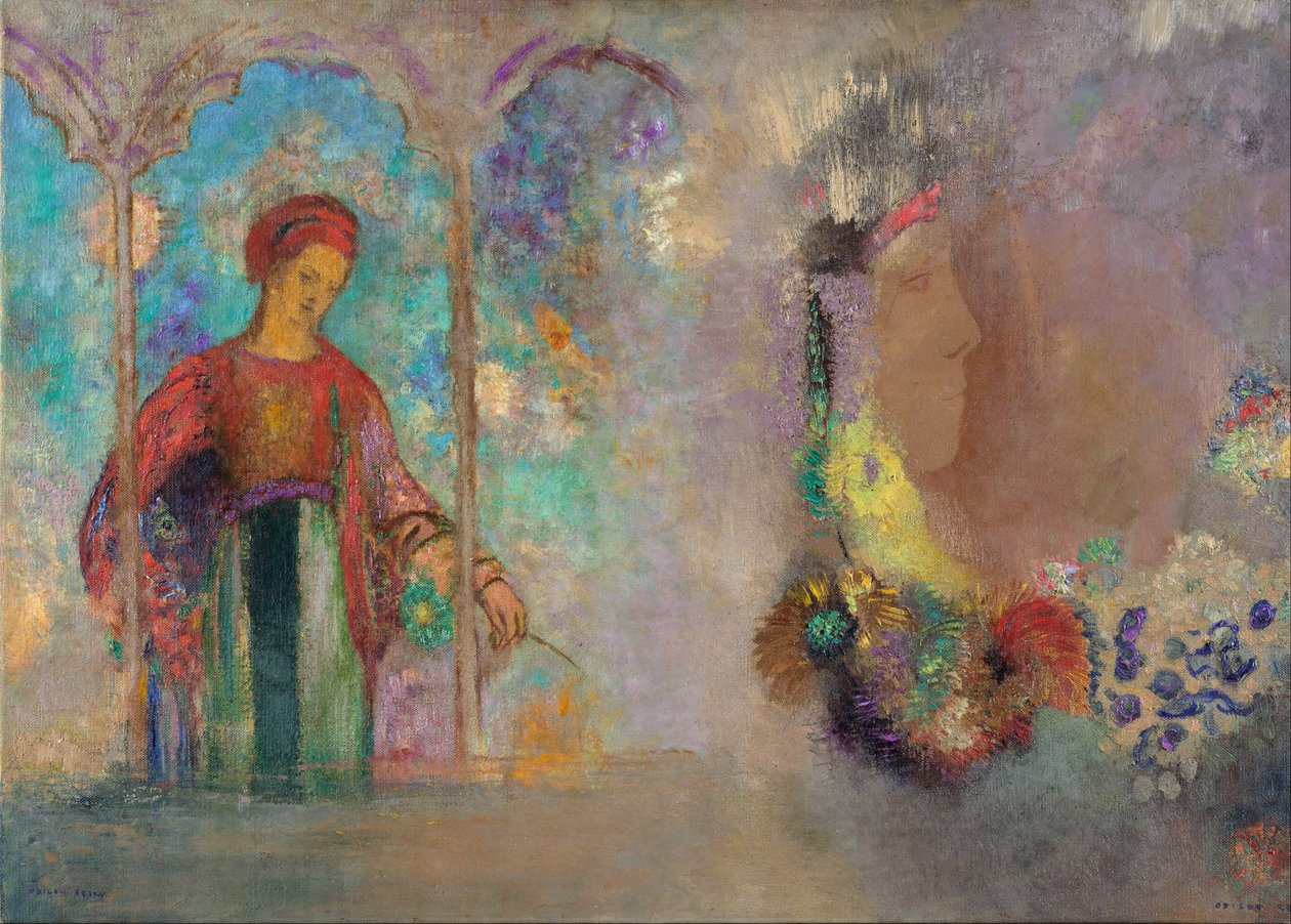 Kvinde i en gotisk arkade - Kvinde med blomster - Peinture de Odilon Redon (1840-1916) af Odilon Redon