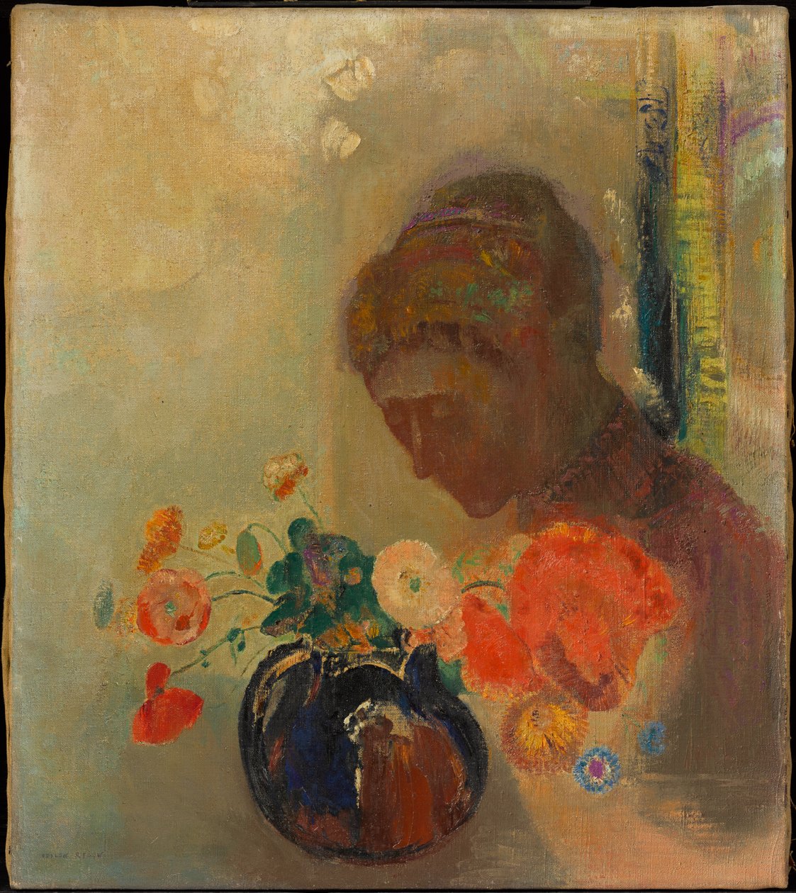 Kvinde med en vase blomster af Odilon Redon