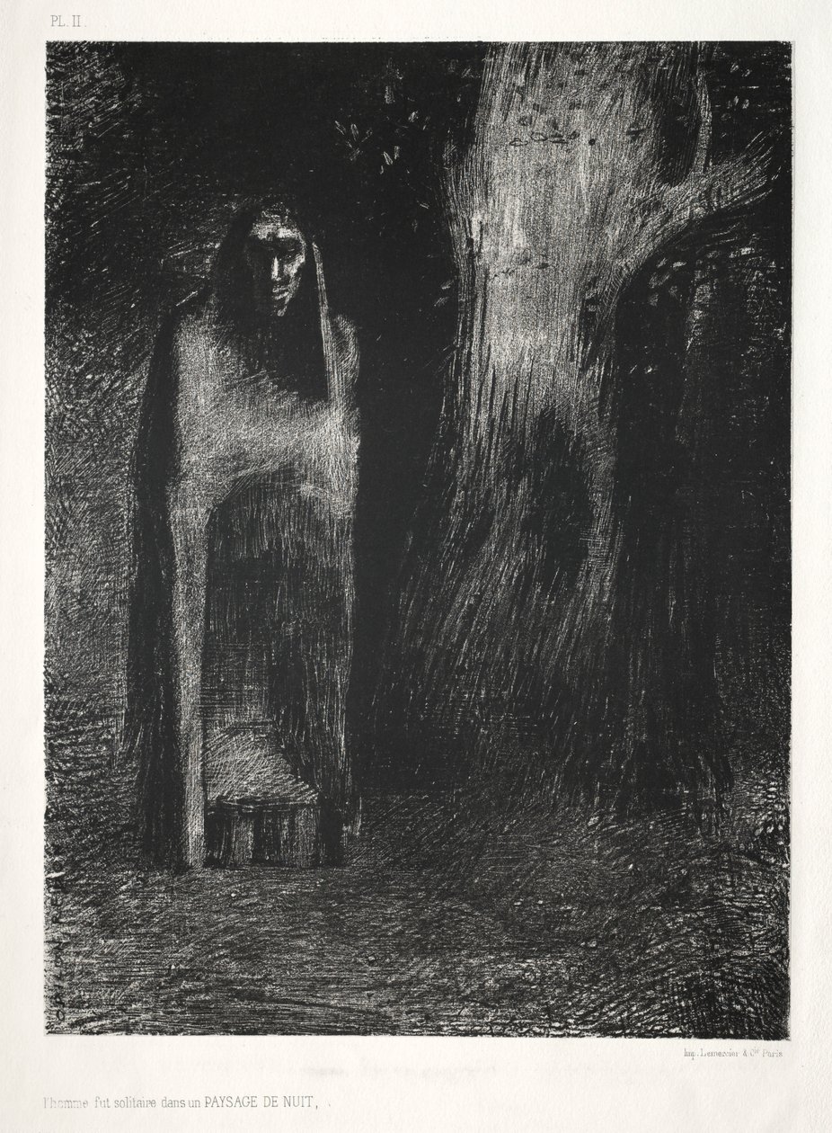 The Night: The Man Was Alone in a Night Landscape, 1886. af Odilon Redon Lemercier and Cie.