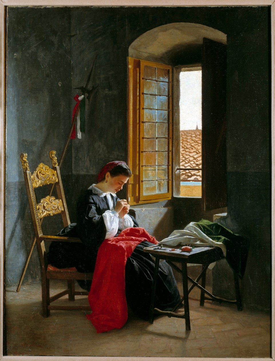 Risorgimento: "" kvinde, der syr et italiensk flag den 26/04/1859"" maleri af Odoardo Borrani (1834-1905) 1859 Milanes privatsamling af Odoardo Borrani
