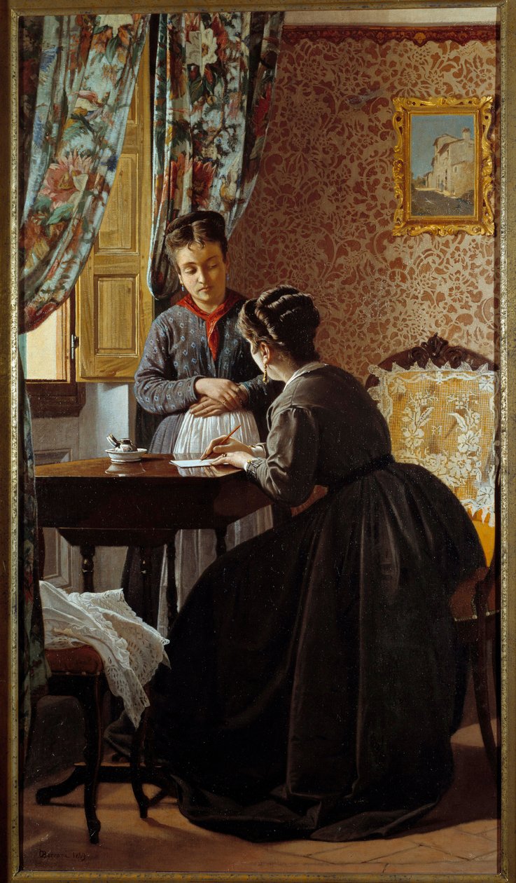 Analfabeten eller kvinden, der skriver et brev til sin tjenestepige Maleri af Odoardo Borrani (1834-1905) 1869 Privat samling af Odoardo Borrani