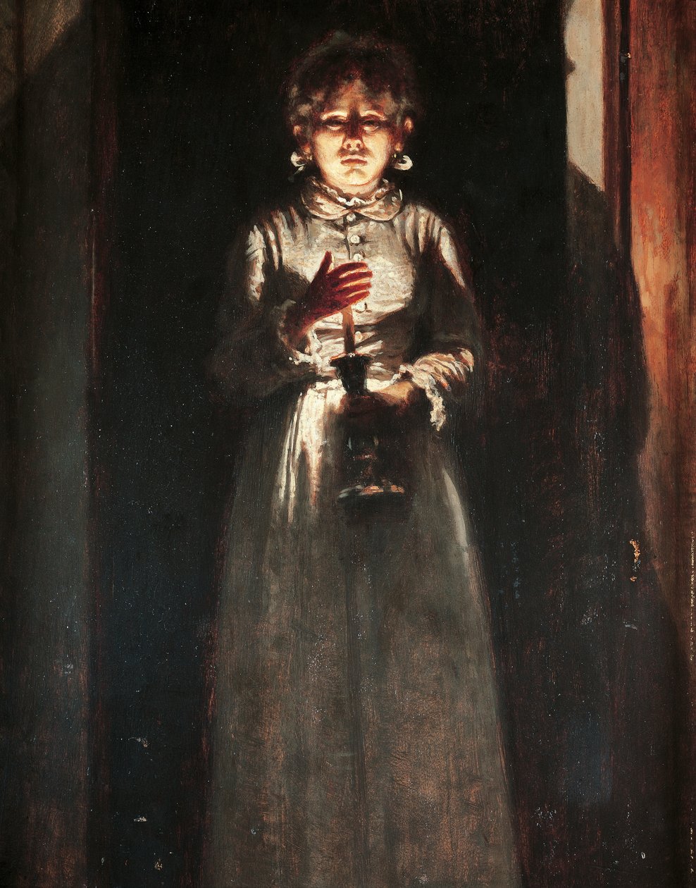 Kvinde med lys, af Odoardo Borrani (1833-1905), Olie på træ, 38,5x25,5 cm af Odoardo Borrani